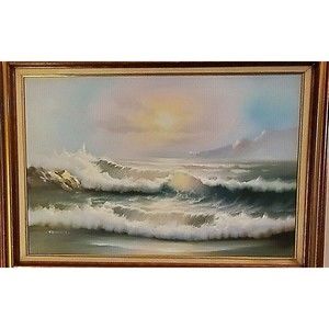 Rare Vintage Oil Painting Canvas Beach Waves Mountains